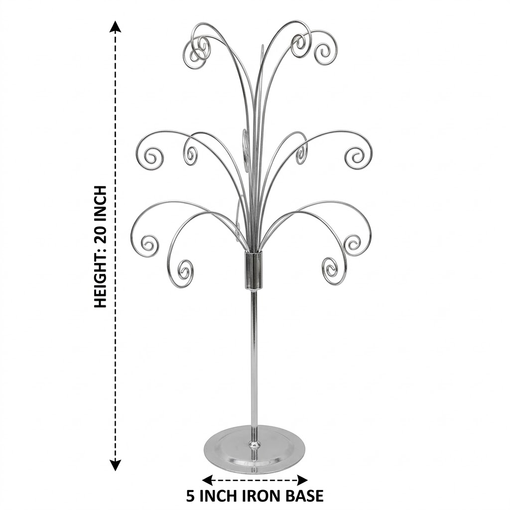 HOHIYA 20 Inch Tabletop Ornament Display Tree Metal Christmas Tree Stand for Desk & Mantel Small Jewelry Tower with Hooks Perfect Holiday Gift Chrome Silver